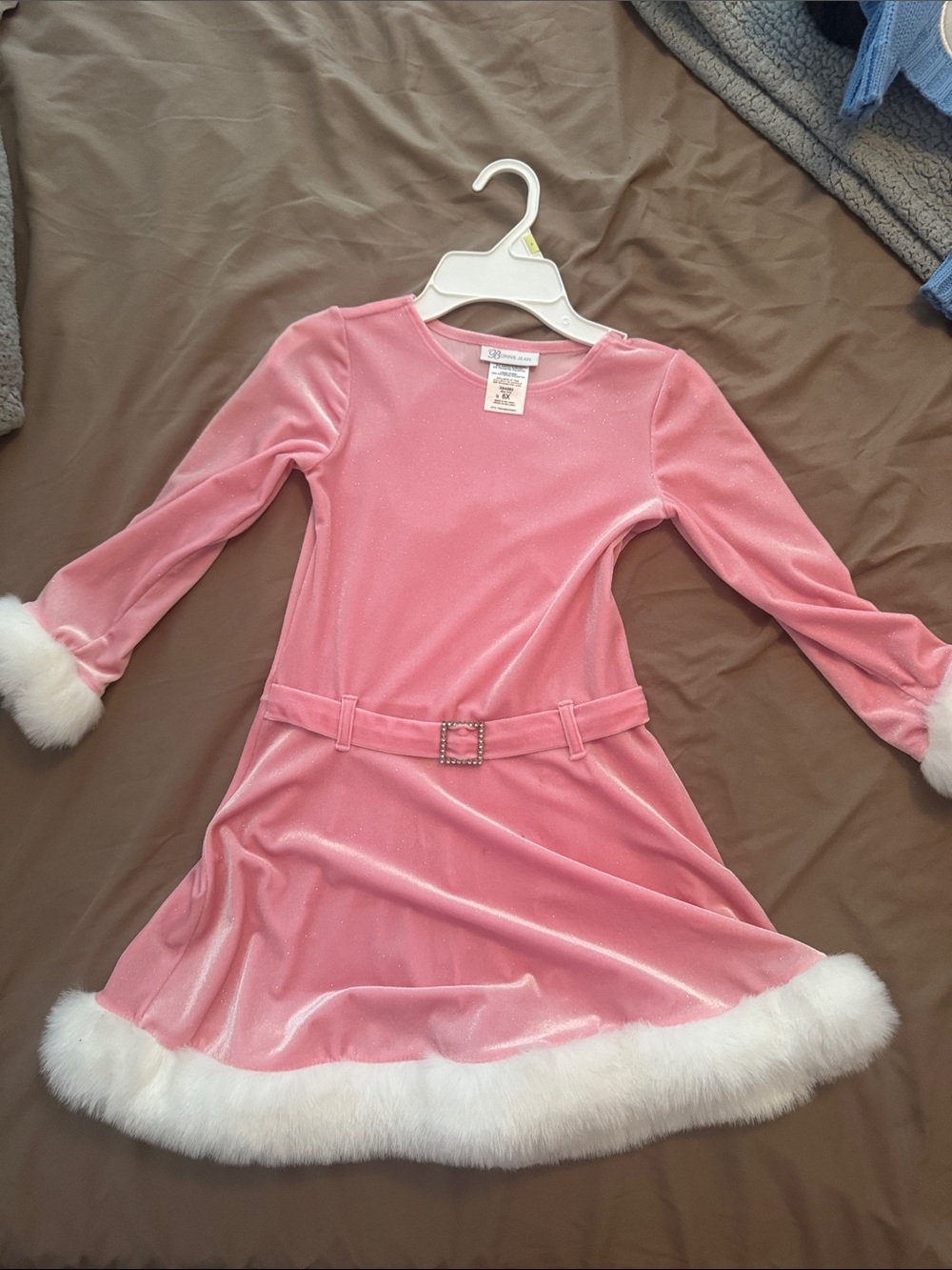 Cherish Pink Velvet Dress with White Faux-Fur Trim and Rhinestone Belt - Kids